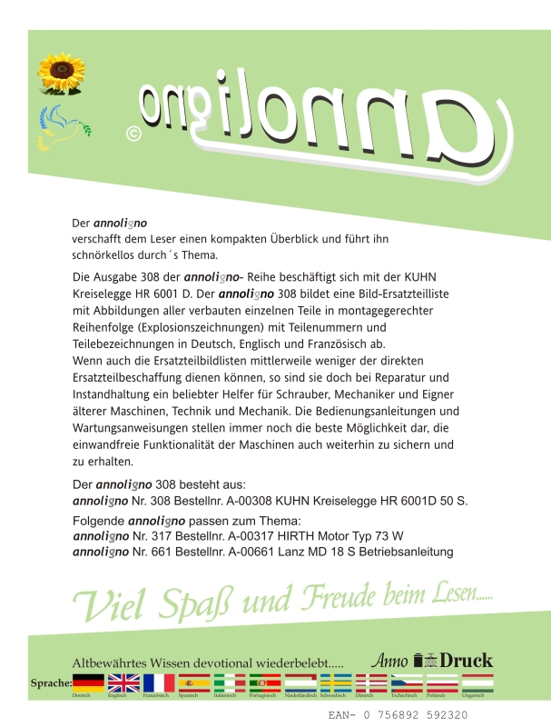 KUHN Kreiselegge Typ HR 6001 Bild- Ersatzteilliste & Explosionszeichnungen Deutsch, Englisch & Französisch - annoligno 308